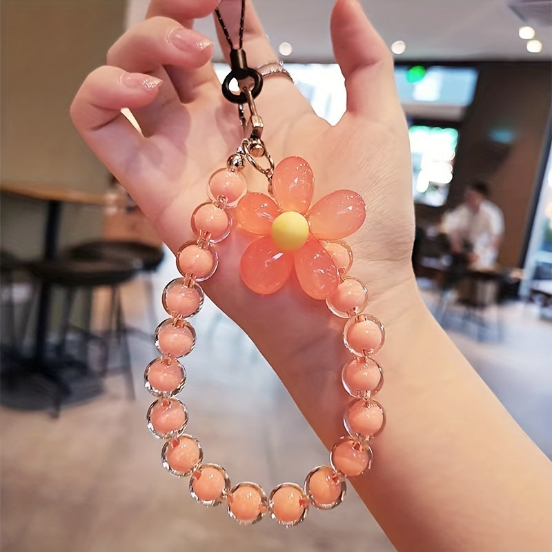 Handmade Flower Macaron Colorful Beaded Wrist Strap Mobile Phone Lanyard